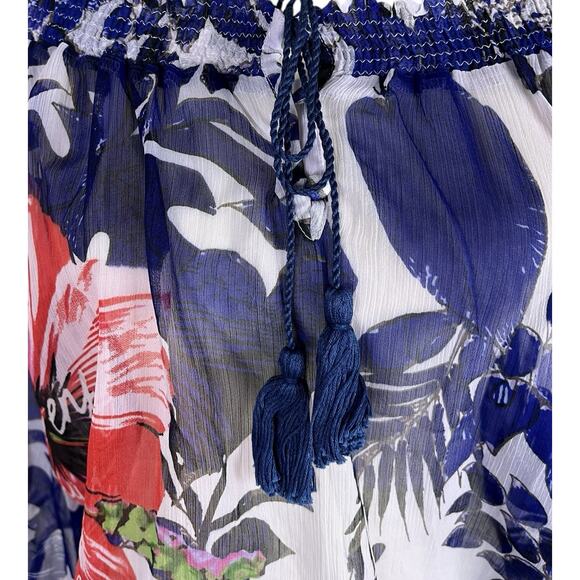 Desigual Off-Shoulder Tassel Tie Front Peasant Blouse Sheer Floral Size Medium - Picture 6 of 9